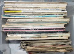 Quantity of vinyl long playing records and 45s and 78 rpm, one Beatles fan magazine 1965, also boxed
