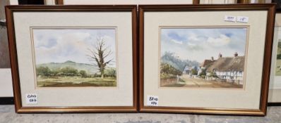 Barry Miles Watercolour drawing  Village scene with Tudor thatched cottages and a pub, another by