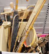Two vintage washboards, three rug-beaters, a vintage lacrosse stick, and other items