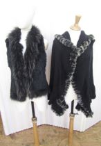 Alberto Makali full-length black knitted coat trimmed with black and white tipped rabbit fur, tie