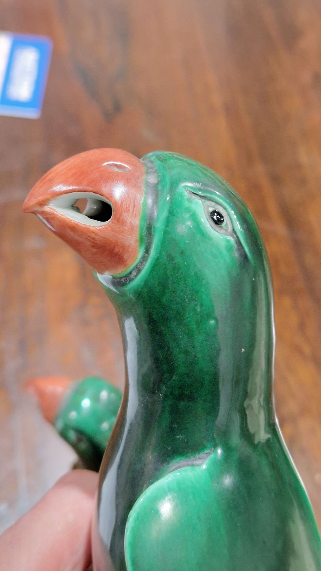Pair of Chinese porcelain Kang Xi style green glazed models of parrots, each naturalistically - Image 2 of 12