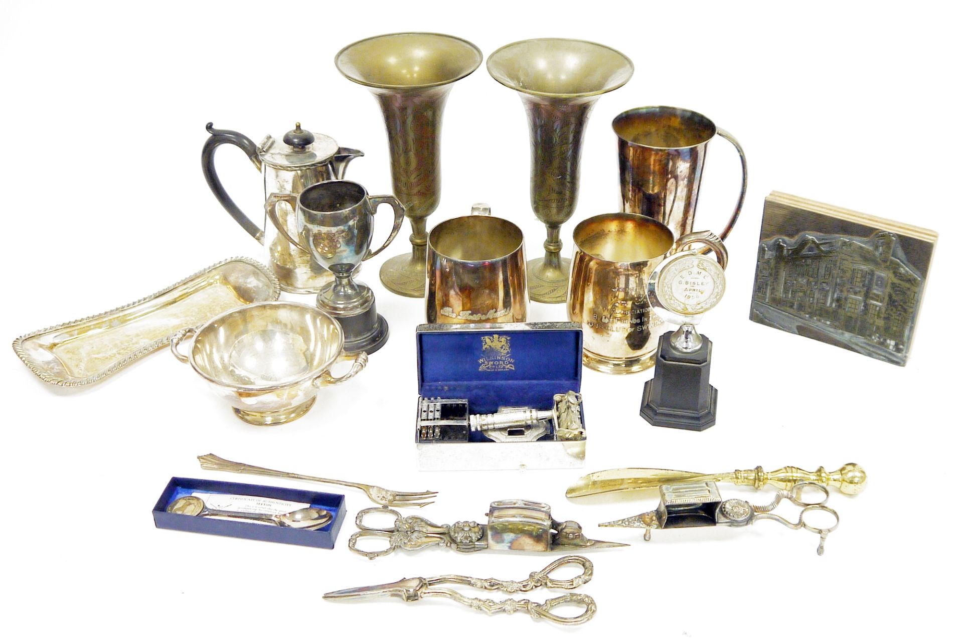 Collection of metalware, including 19th century hot water pot with fruitwood handle, candle