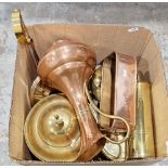 Quantity of copper and brassware to include a brass shell case, a copper planter, pair of brass