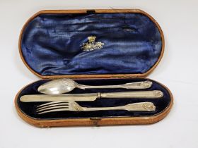 Victorian three-piece silver christening set, fiddle, thread and shell pattern, by Francis