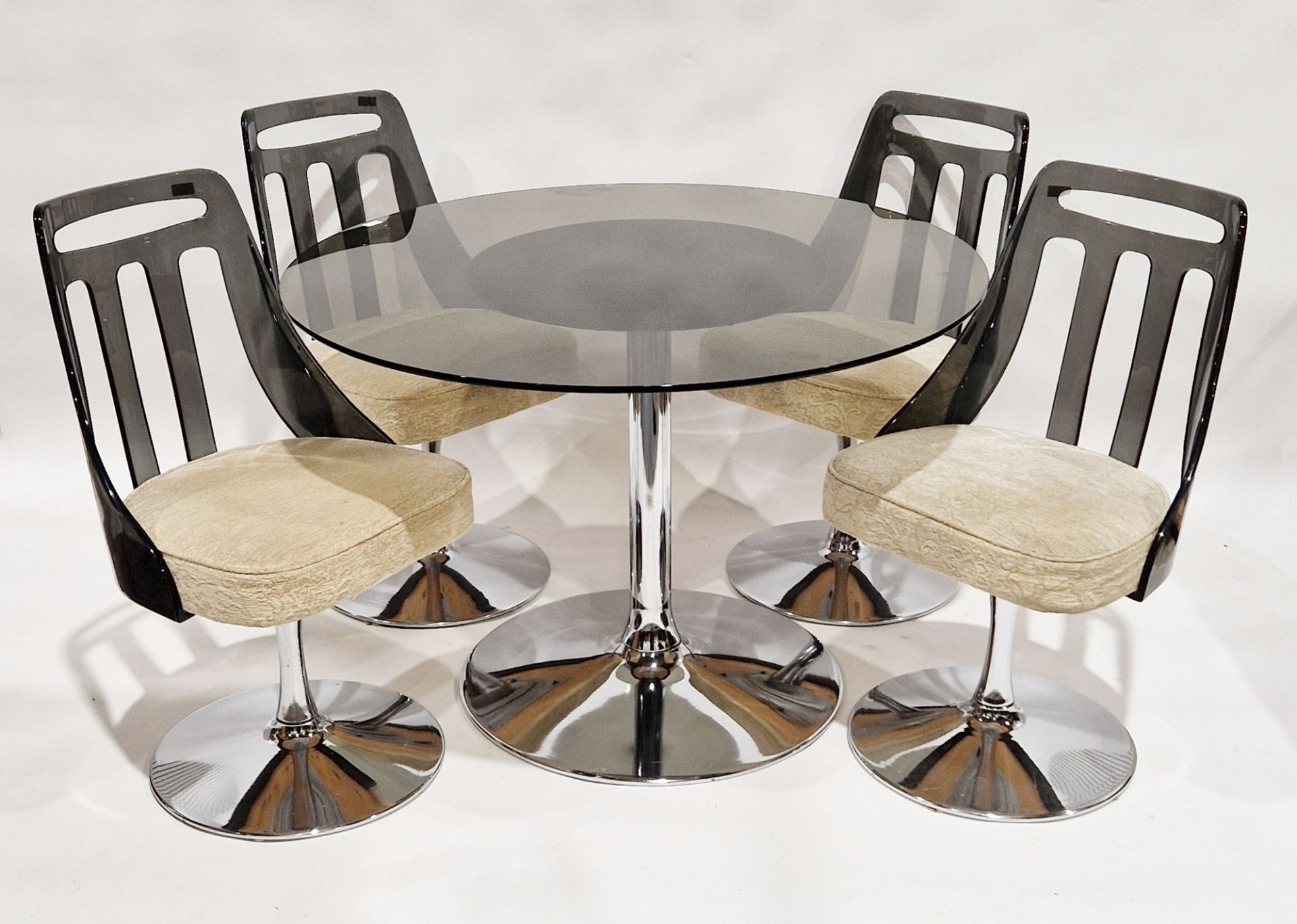 Set of four mid century lucite and chrome swivel chairs, each with upholstered seat base, 87cm