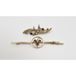 9ct gold, blue stone and seedpearl bird-pattern bar brooch, 3.2g and a 15ct gold, purple stone and