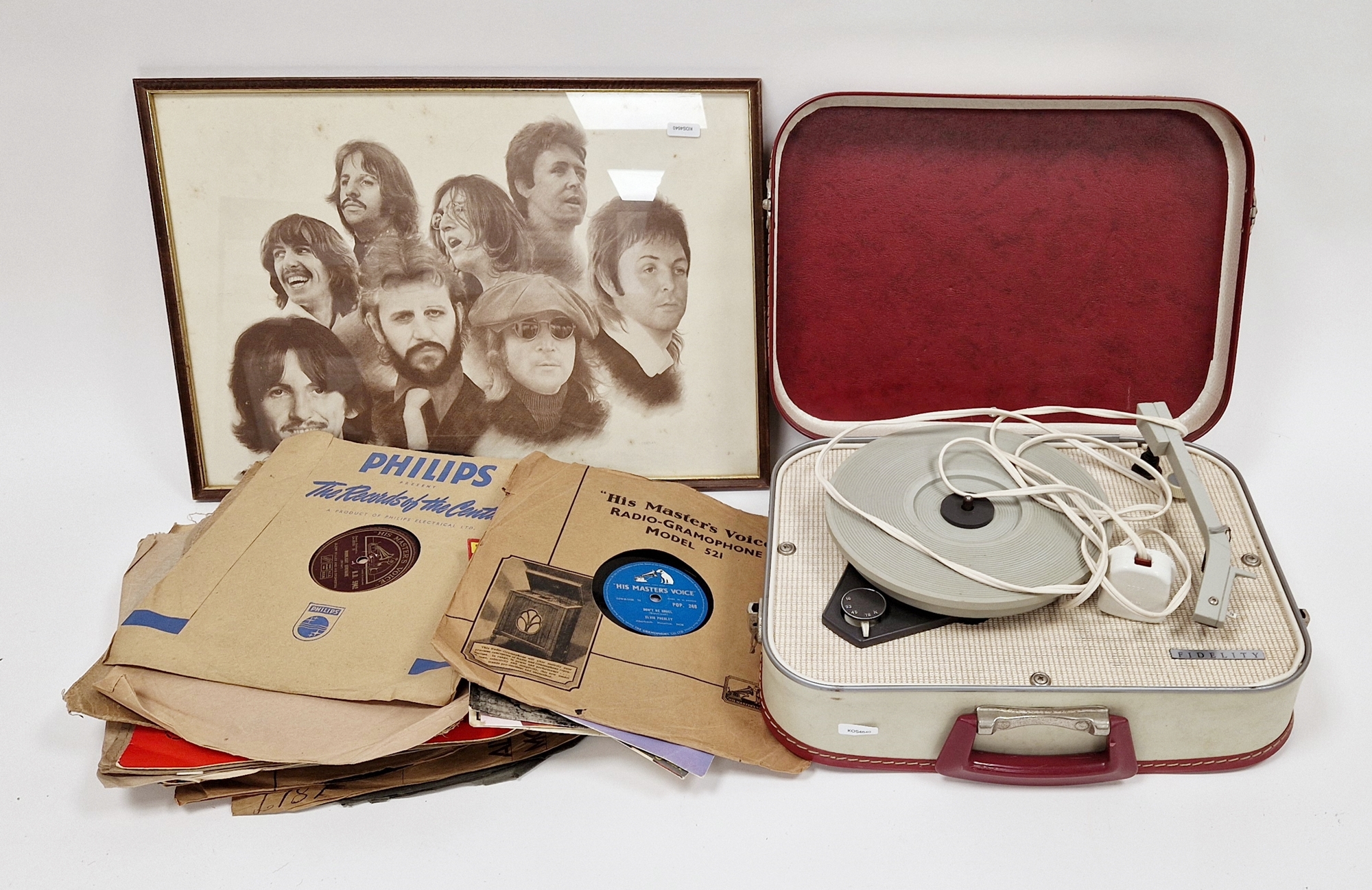 Portable record player marked 'Fidelity', with inner red and cream carry case, a framed print of The - Image 2 of 2