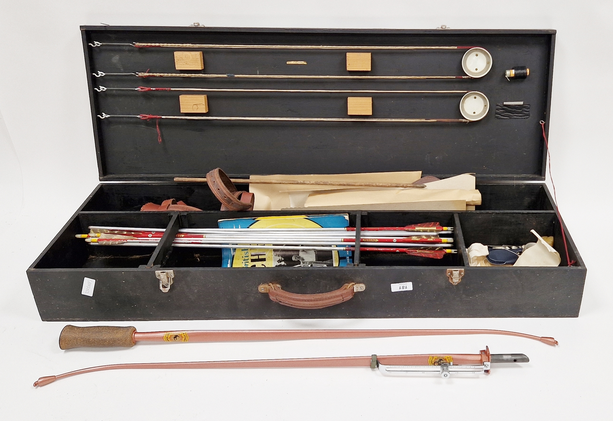 Cased archery set including an Apollo Swift bow and Bowman's Guide 1958, a leather quiver for arrows - Image 2 of 2
