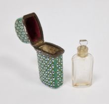 18th century enamel scent bottle holder decorated a blue, white and gold lattice design on a green