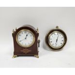 Early 20th century arch topped mantel clock with brass urn finials and inlaid decoration, 17cm