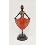 Art Deco figure of a dancing girl,  patinated and painted brass, possibly American, her bodice