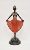 Art Deco figure of a dancing girl,  patinated and painted brass, possibly American, her bodice