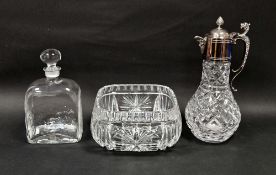 Dartington glass decanter with stopper, a cut glass claret jug with silver plated mount and a cut