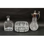 Dartington glass decanter with stopper, a cut glass claret jug with silver plated mount and a cut