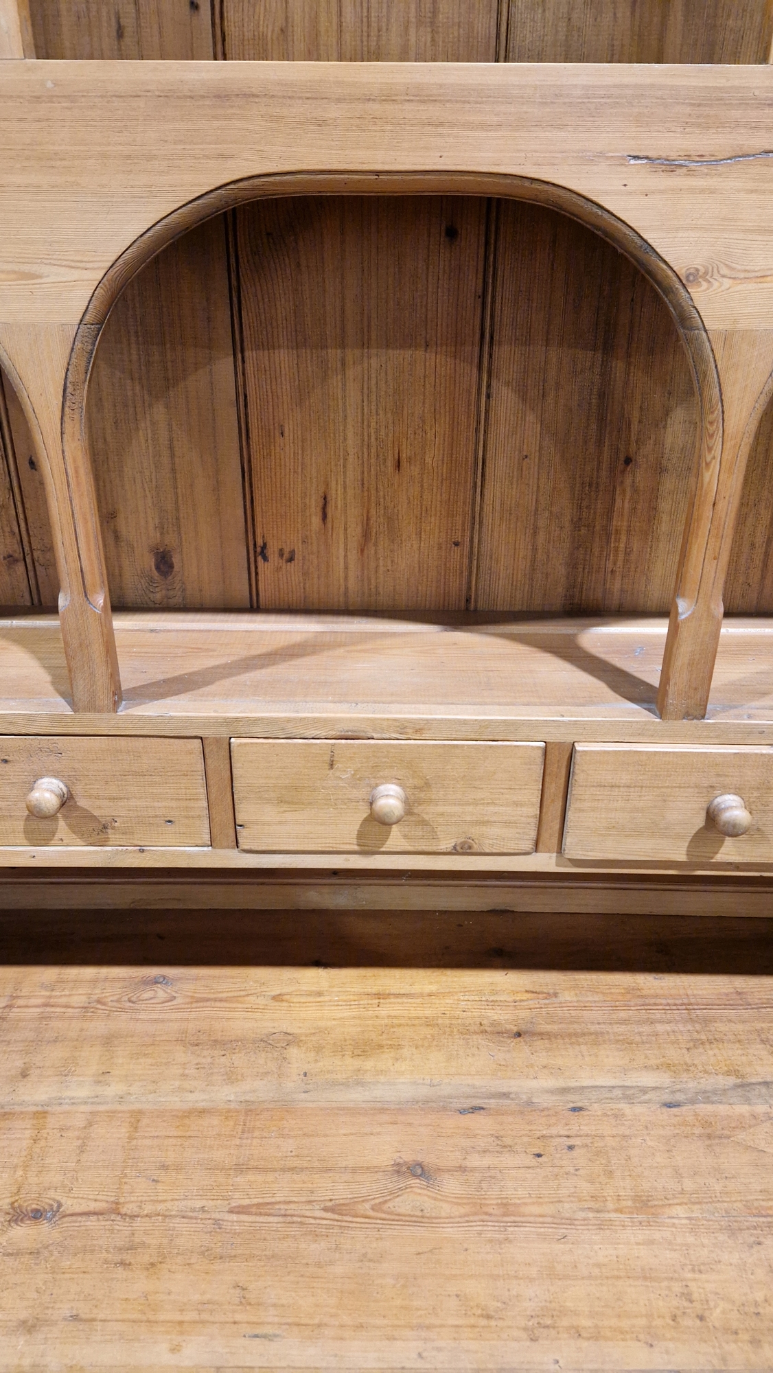 19th century pine kitchen dresser, the top section with two plateracks and five short drawers, the - Image 6 of 17