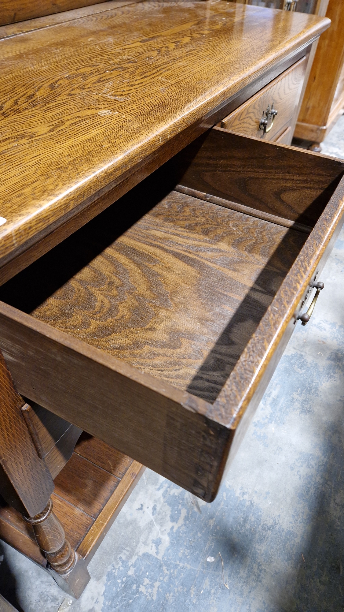 Oak Welsh dresser with three-tier platerack over five drawers of various sizes, over a further - Image 9 of 12