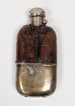 Late Victorian silver, glass and crocodile leather covered hip flask with screw top, the removable