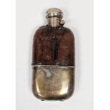 Late Victorian silver, glass and crocodile leather covered hip flask with screw top, the removable