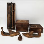 Collection of boxes and other treen items including wooden barrel, a snooker score board and a
