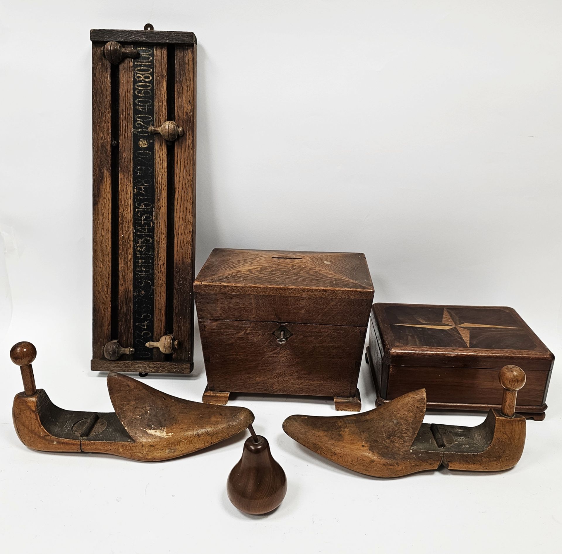 Collection of boxes and other treen items including wooden barrel, a snooker score board and a