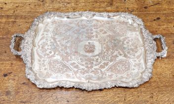 Large Sheffield silver-plated two-handled tray, the border cast with fruiting vine, engraved with