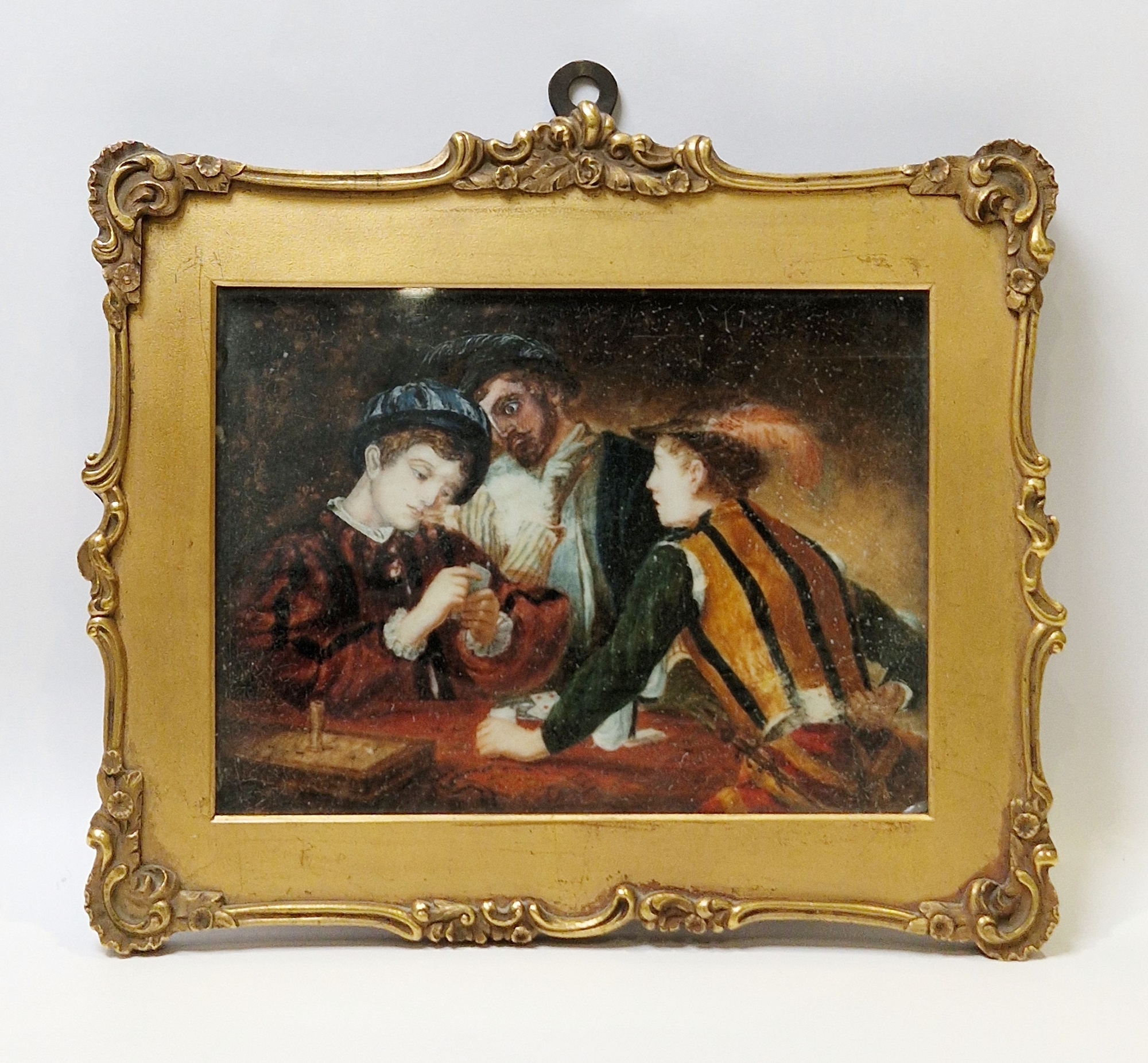 19th Century School, The Cardsharps, after Caravaggio, watercolour on ivory, within gilt-metal - Image 2 of 2