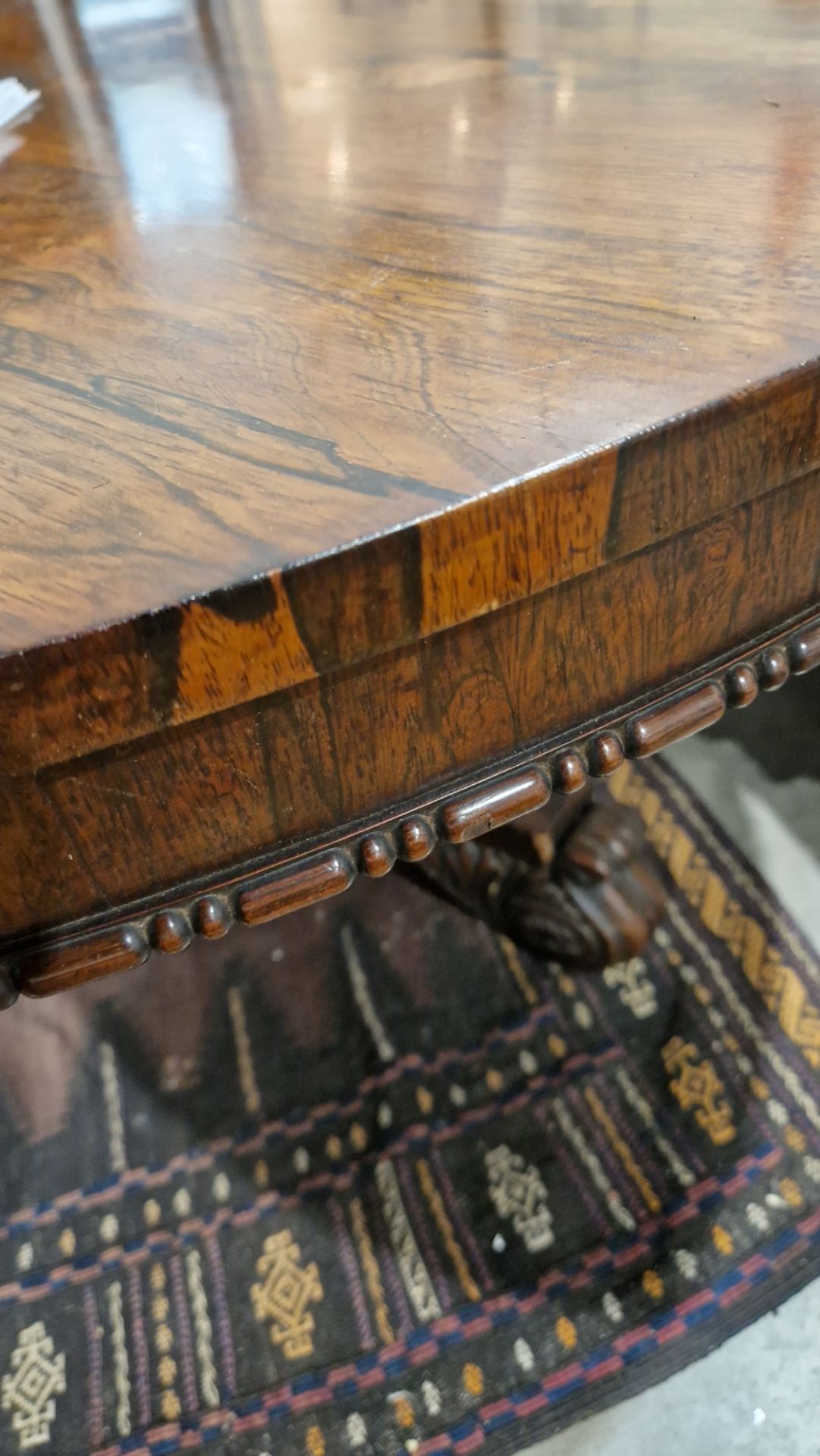 Large early Victorian rosewood tilt-top dining table of circular form, with carved floral central - Image 18 of 30