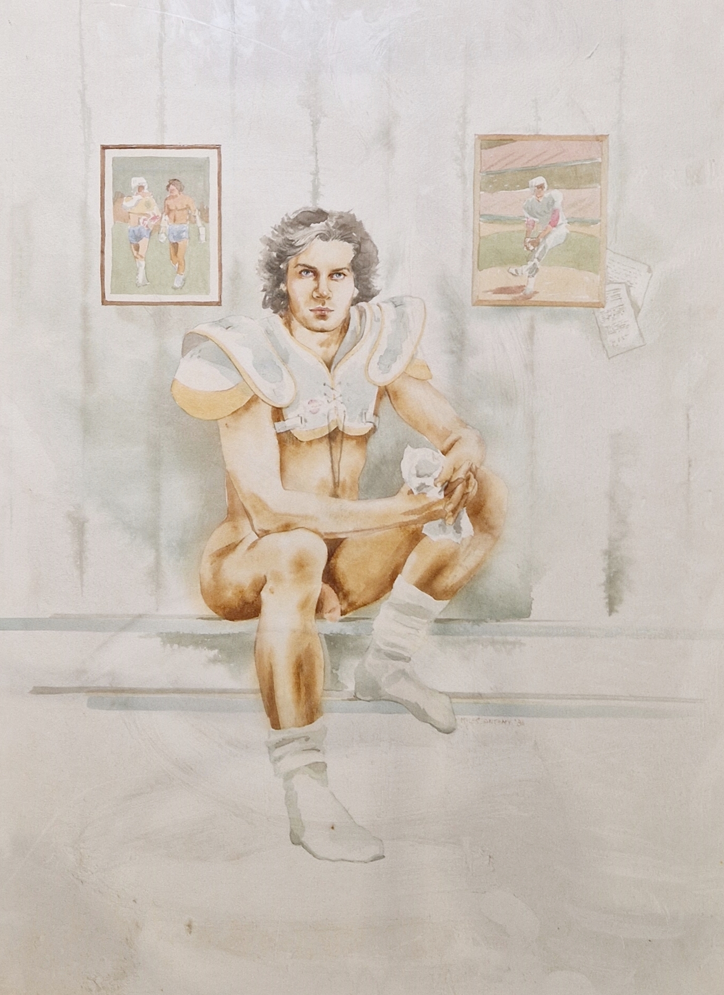 Myles Antony (Irish, 20th century) Watercolour "Hank" portrait of a male wearing American football - Image 2 of 5
