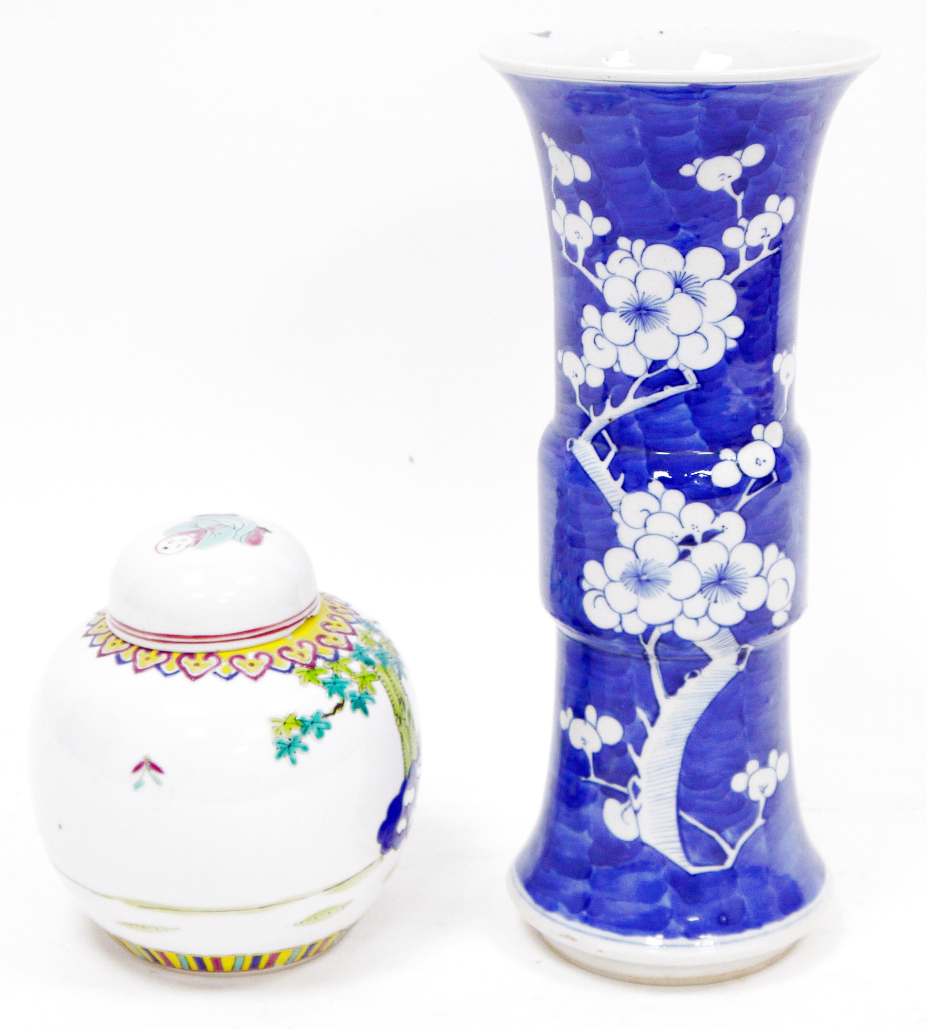 Chinese porcelain Gu-shaped blue ground vase, painted with flowering prunus, four-character mark - Image 2 of 9