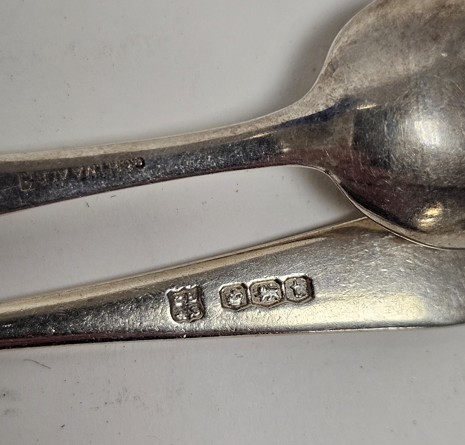 Two various silver-coloured metal propelling pencils, five silver coffee spoons with spade handles - Image 3 of 4