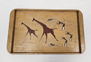 1960's South African (Bannell) painted wooden tray of rectangular form, decorated with huntsmen