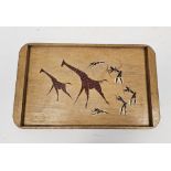 1960's South African (Bannell) painted wooden tray of rectangular form, decorated with huntsmen