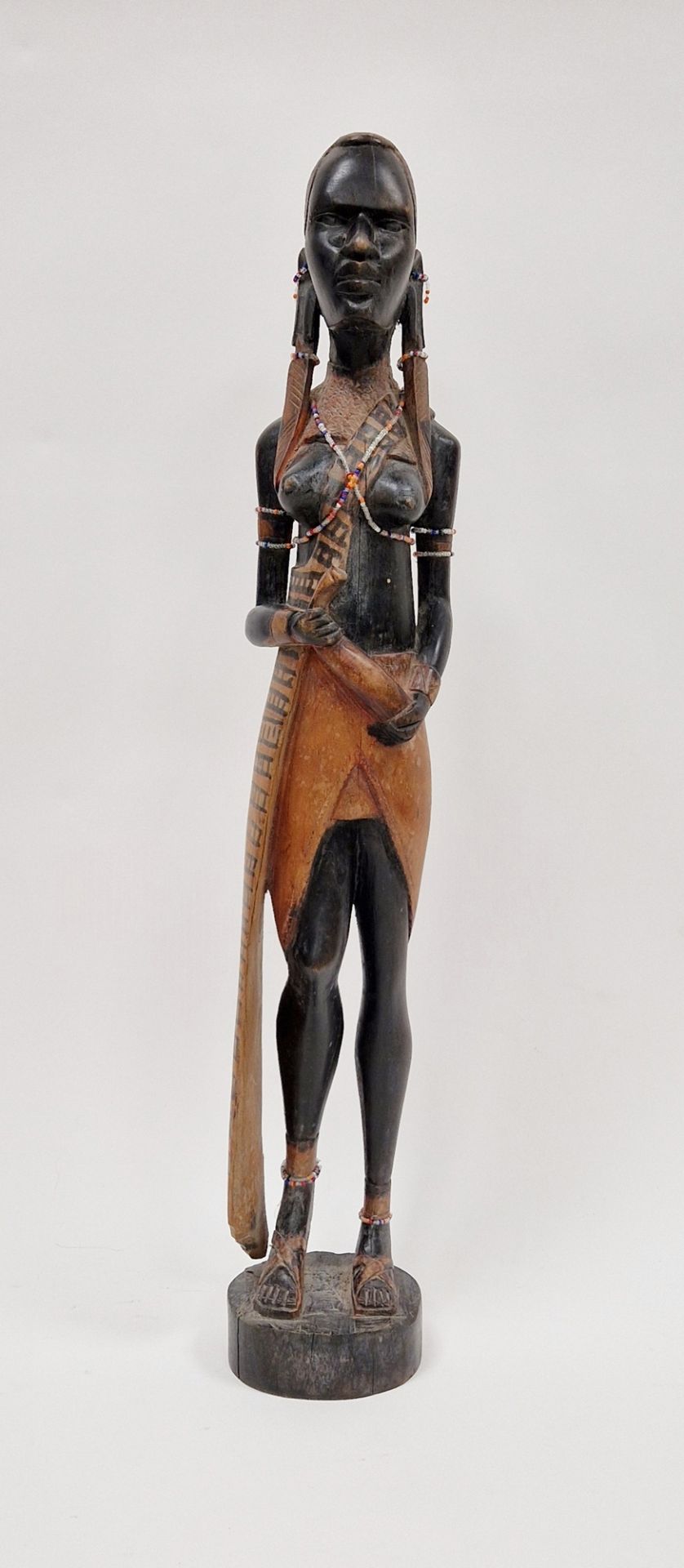 Carved wooden figure of an African girl with beaded decoration to her ankles and chest, 62cm high - Image 3 of 4