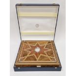 Pedro Duran silver chess set housed in a walnut and mahogany inlaid marquetry case, the inlaid lid