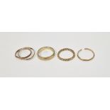 22ct gold wedding band, 3.4g, 9ct ropetwist ring, 2g approx., 9ct gold double ring and 9ct gold fine