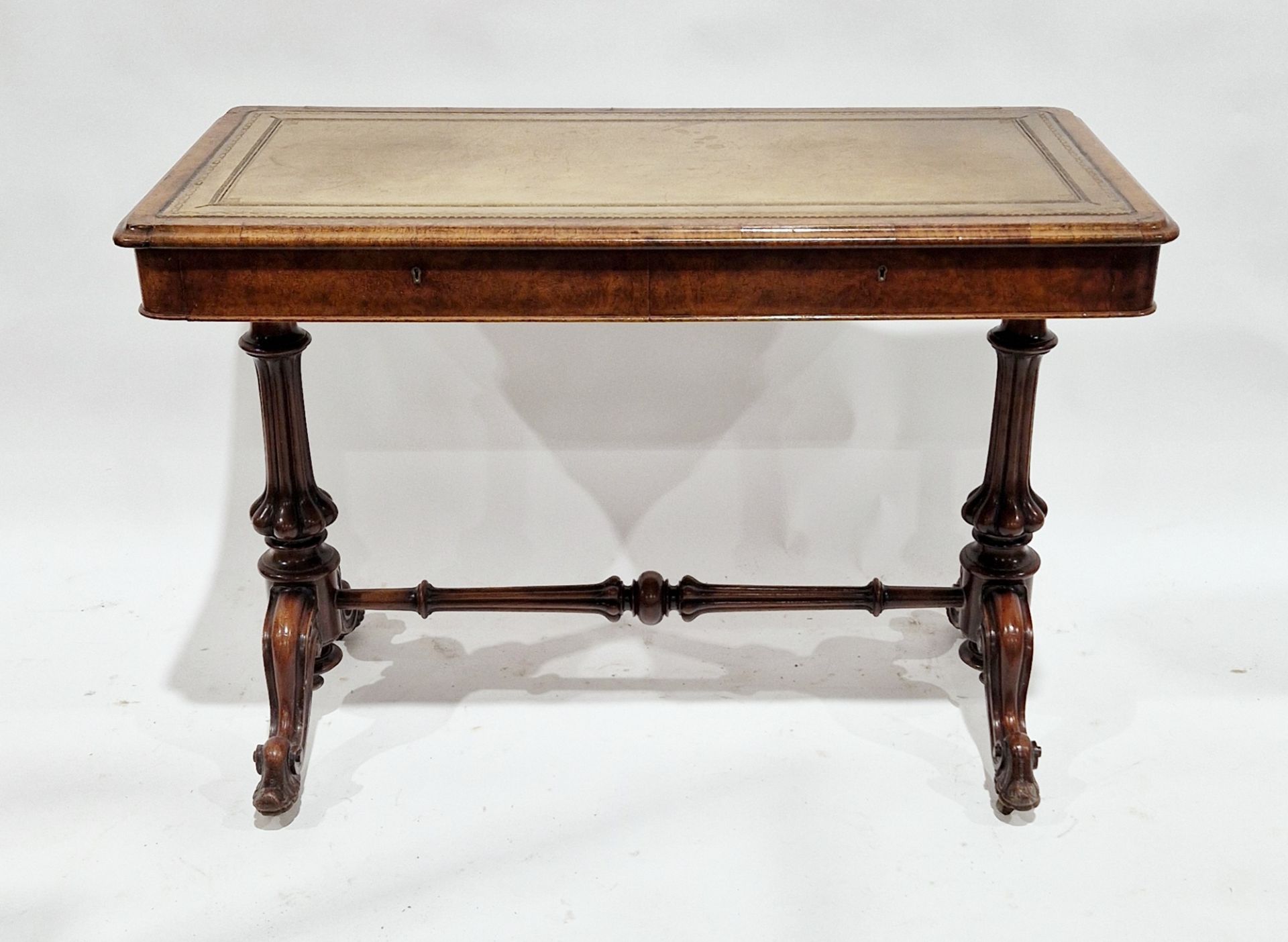 Victorian figured walnut library table with gilt tooled leather top and two drawers to the front, - Image 2 of 2