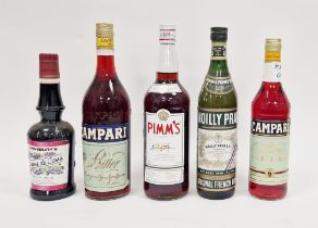 Vintage one litre of Campari, another bottle, one litre Pimms No.1, bottle of Noilly Prat French dry