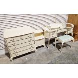 Mid-20th century cream and gilt-painted Louis XV-style bedroom suite of four pieces viz:- kidney-