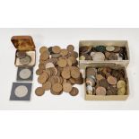 Assorted coins including silver, world coins of various denominations, etc