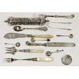 Edwardian bread fork with engraved silver tines and mother-of-pearl handle, a silver-coloured