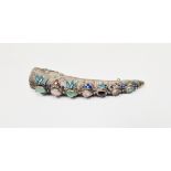 Chinese silver, enamel and stone set nail guard brooch having row of jade and semi-precious stones