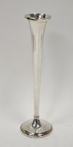 Sterling silver presentation trumpet vase of slender form and on circular base, inscribed "To Anne-