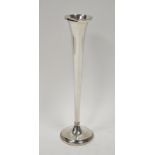 Sterling silver presentation trumpet vase of slender form and on circular base, inscribed "To Anne-