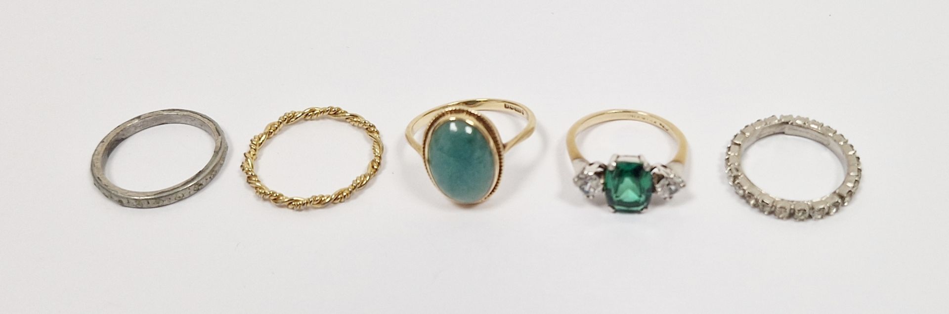 LOT WITHDRAWN 9ct gold, silver, green and white stone dress ring, 9ct gold and blue stone dress ring