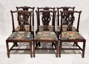 Set of six Chippendale period mahogany dining chairs, with shaped and carved top rails and pierced