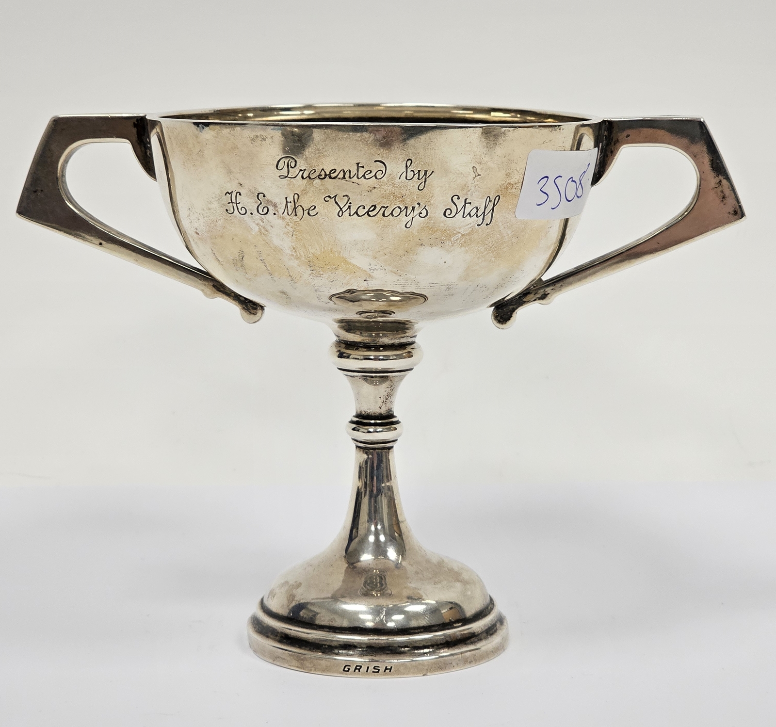 Indian silver-coloured two-handled trophy cup, circular bowl with angular flattened handles engraved - Image 2 of 2