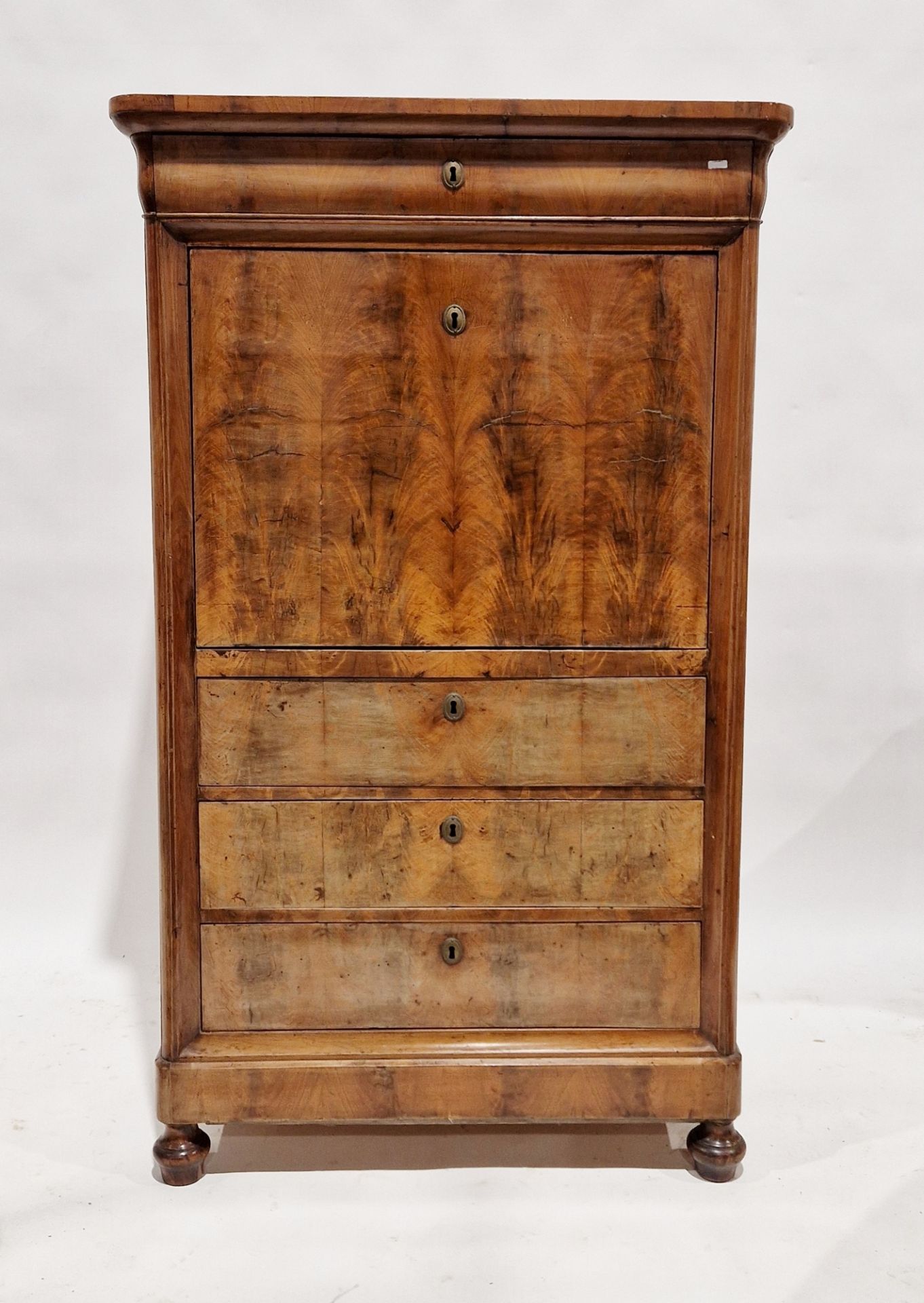 Empire-style walnutwood secretaire a abattant with ovolo cornice, ogee-fronted frieze drawer above