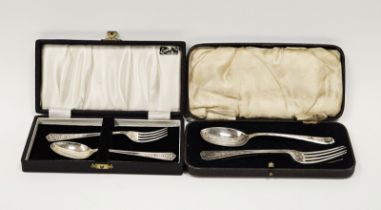 Two cased christening sets each comprising fork and spoon and another christening fork, gross weight