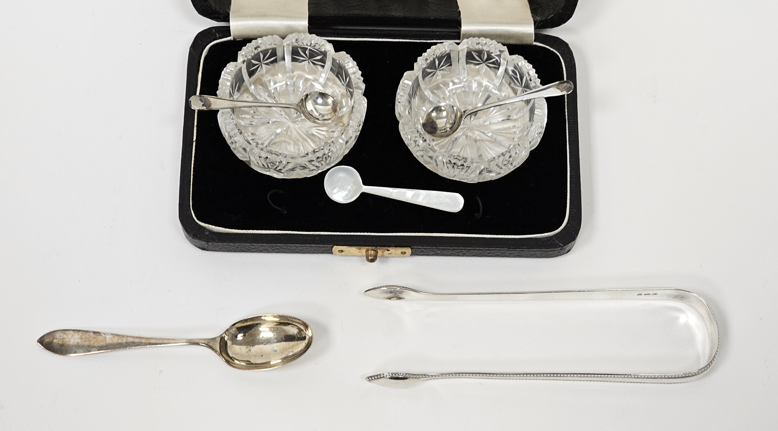 Cased pair of cut glass salts and silver salt spoons, case bearing label for Muir & Sons, Glasgow, a - Image 2 of 5