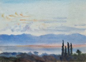 May de Montravel Edwardes (1887-1967) Watercolour on paper Landscape at dusk on the Riviera,